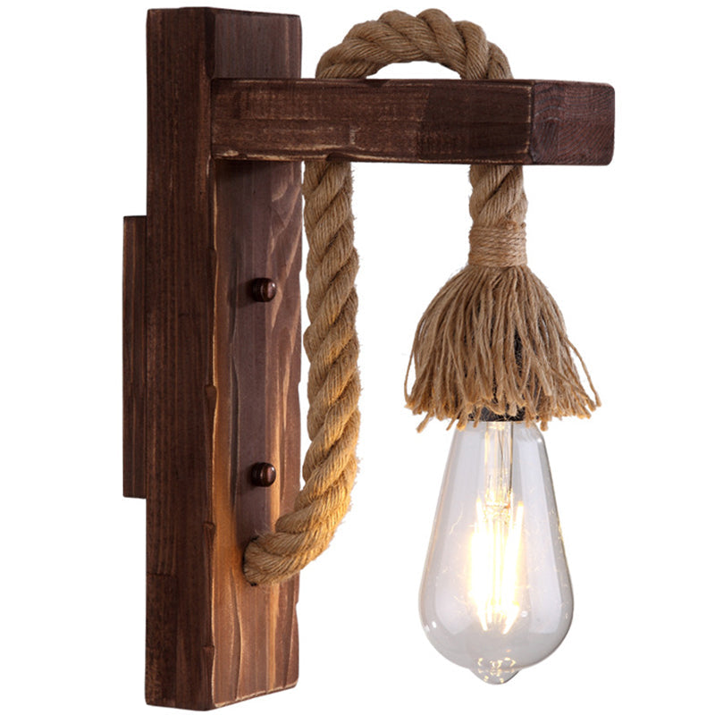Sikunuo | Brown L-shaped wall-mounted lighting Rustic wood 1 light dining room wall light with hemp rope cable