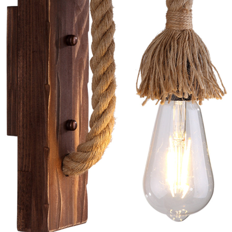 Sikunuo | Brown L-shaped wall-mounted lighting Rustic wood 1 light dining room wall light with hemp rope cable