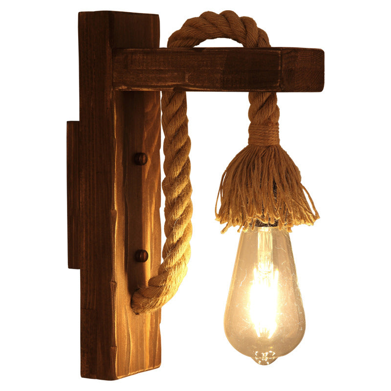 Sikunuo | Brown L-shaped wall-mounted lighting Rustic wood 1 light dining room wall light with hemp rope cable
