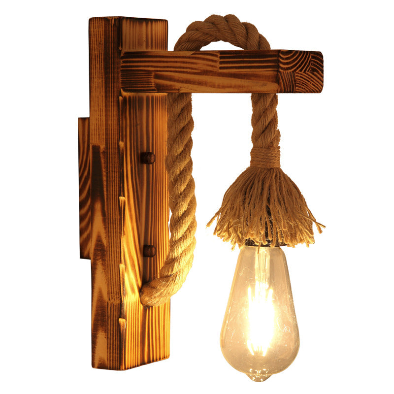 Sikunuo | 1-Bulb Wood Wall Mounted Lighting Industrial Brown Rectangular Hall Rope Wall Light Set