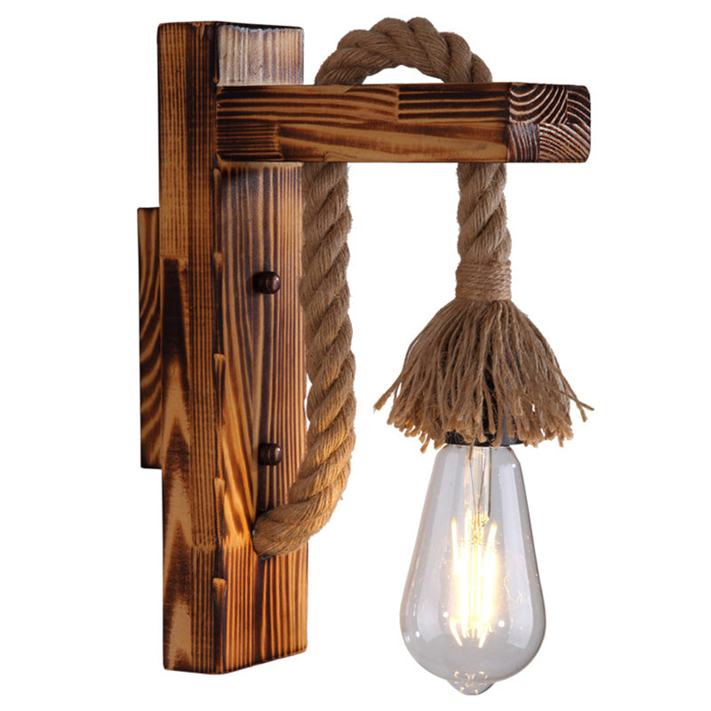 Sikunuo | 1-Bulb Wood Wall Mounted Lighting Industrial Brown Rectangular Hall Rope Wall Light Set