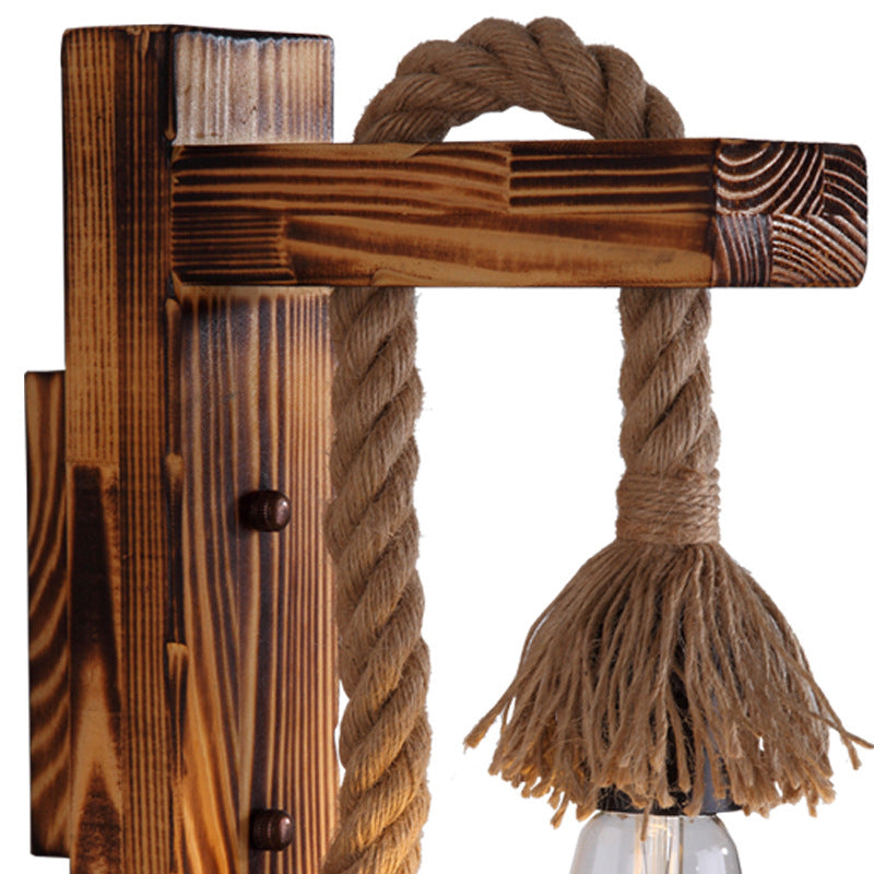 Sikunuo | 1-Bulb Wood Wall Mounted Lighting Industrial Brown Rectangular Hall Rope Wall Light Set