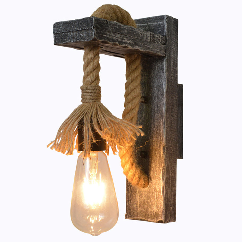 Sikunuo | Rope Gray Wall Hanging Lamp Bare Bulb 1 Light Industrial Style Wall Lighting Ideas with Wood L-Arm