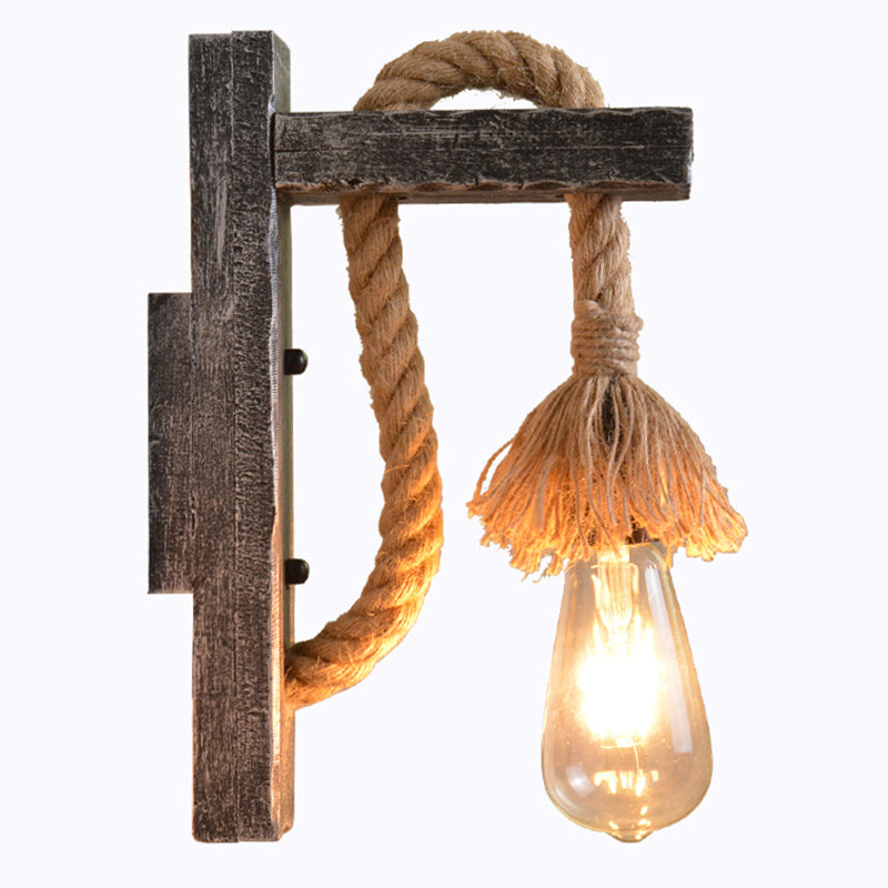 Sikunuo | Rope Gray Wall Hanging Lamp Bare Bulb 1 Light Industrial Style Wall Lighting Ideas with Wood L-Arm
