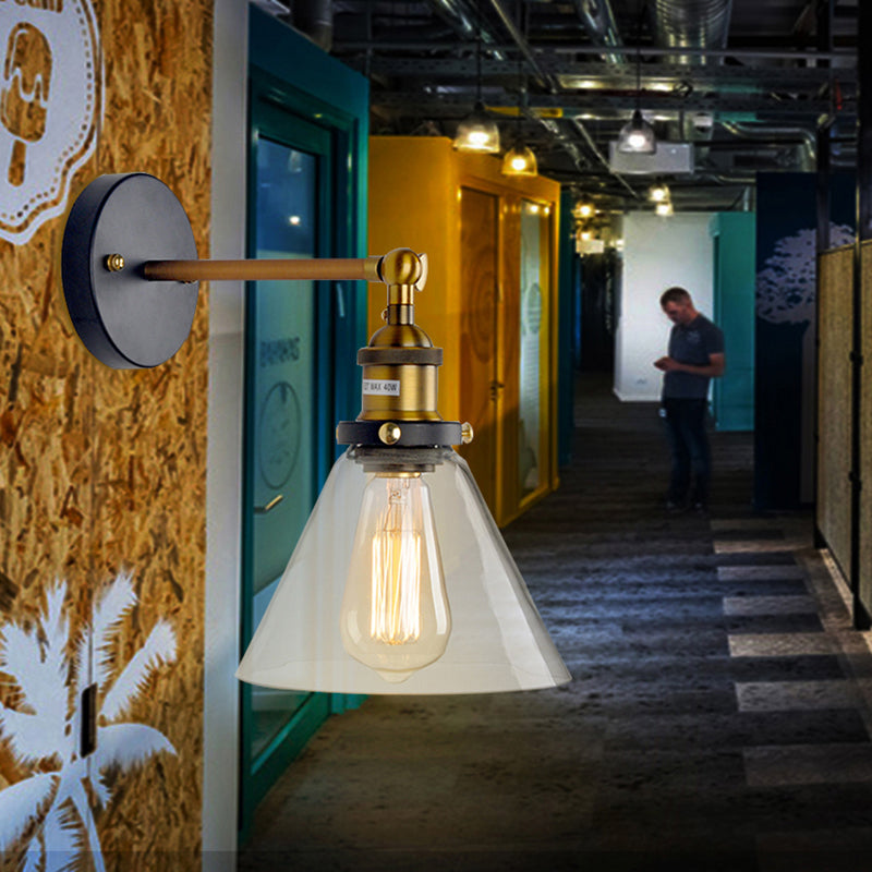 Sikunuo | 1 Light Geometry Wall Mount Light Industrial Brass Finish Clear Glass Wall Lighting Ideas for the Hallway