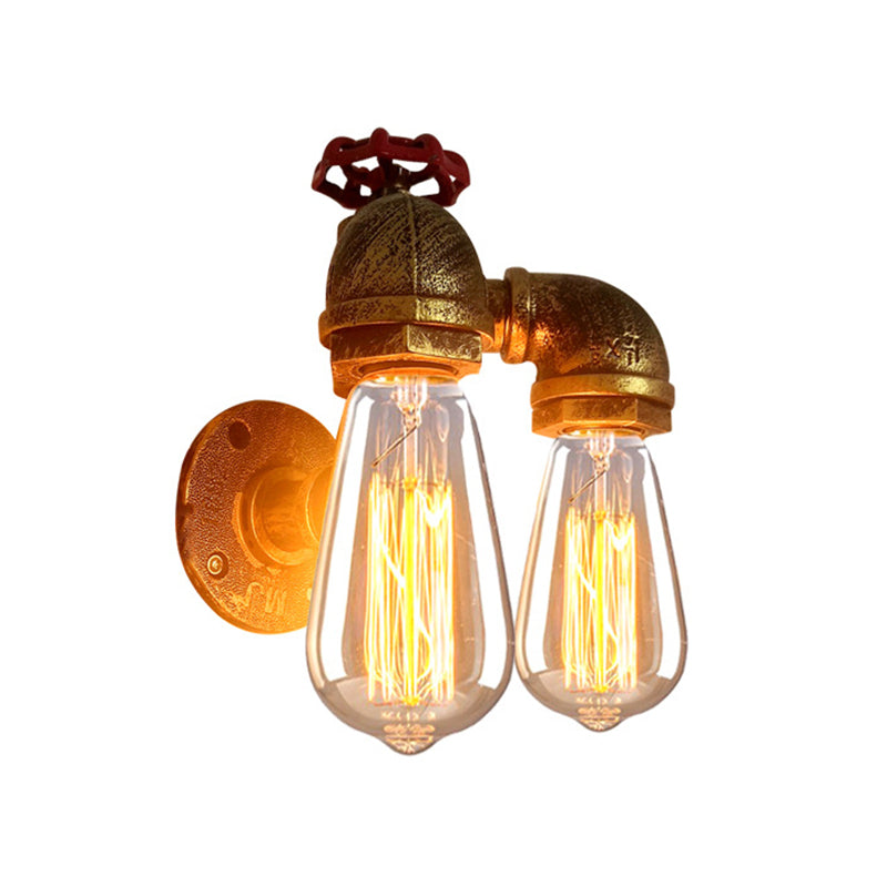 Sikunuo | Curved Pipe Metal Wall Lighting Factory 2 Heads Dining Room Wall Lamp Sconces in Rust with Valve Decoration