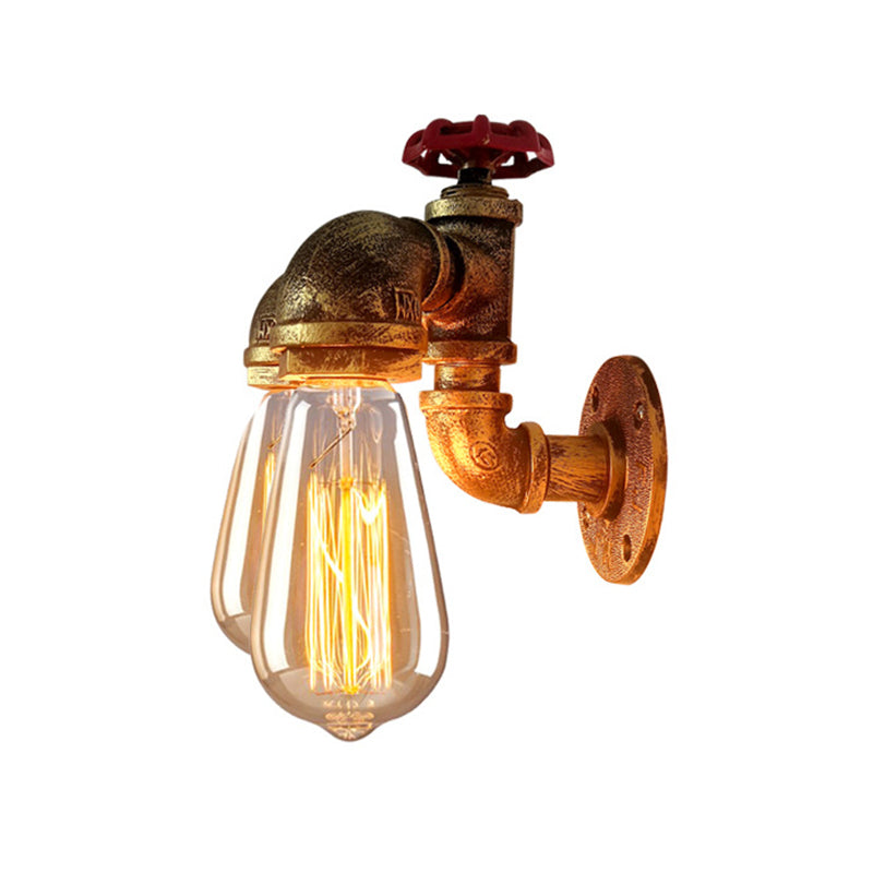 Sikunuo | Curved Pipe Metal Wall Lighting Factory 2 Heads Dining Room Wall Lamp Sconces in Rust with Valve Decoration