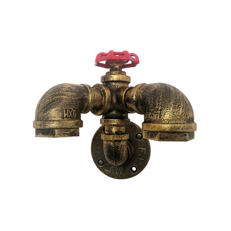 Sikunuo | Curved Pipe Metal Wall Lighting Factory 2 Heads Dining Room Wall Lamp Sconces in Rust with Valve Decoration