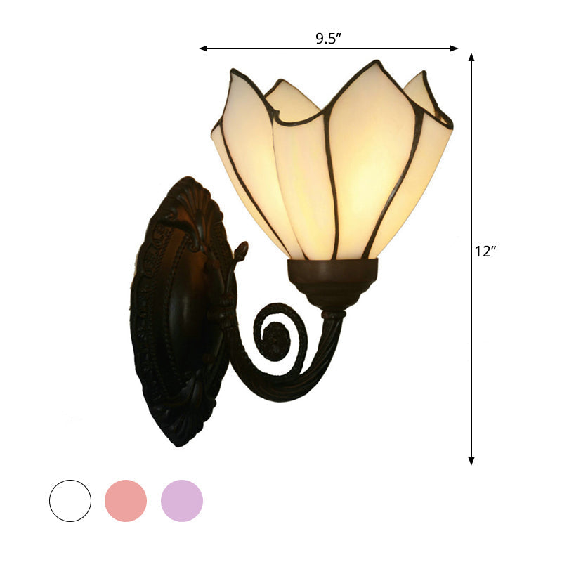 Sikunuo | Handcrafted Glass Flowers Wall Light Mediterranean 1 Bulb Black Wall Mounted Lamp with Curved Arm