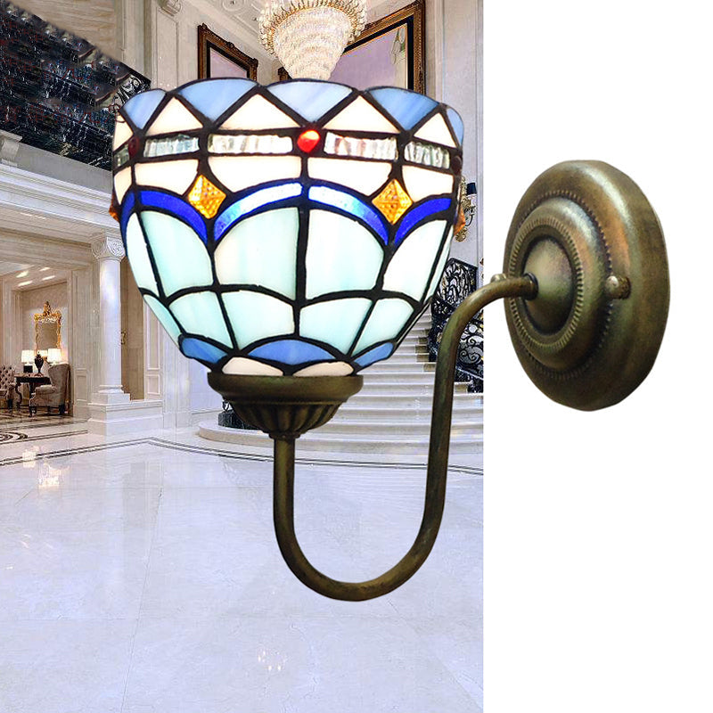 Sikunuo | Blue Dome Wall Light Baroque 1 Head Stained Glass Wall Light Ideas with Curved Arm