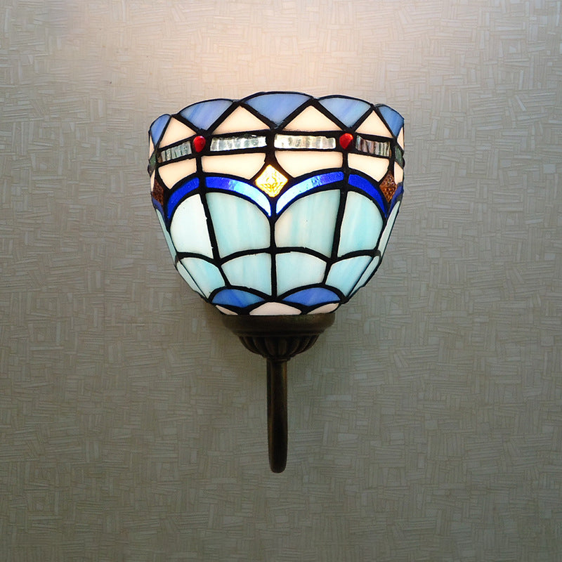 Sikunuo | Blue Dome Wall Light Baroque 1 Head Stained Glass Wall Light Ideas with Curved Arm