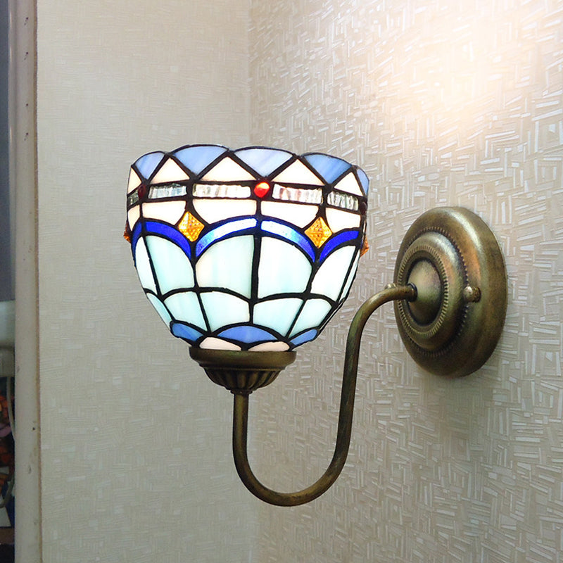 Sikunuo | Blue Dome Wall Light Baroque 1 Head Stained Glass Wall Light Ideas with Curved Arm
