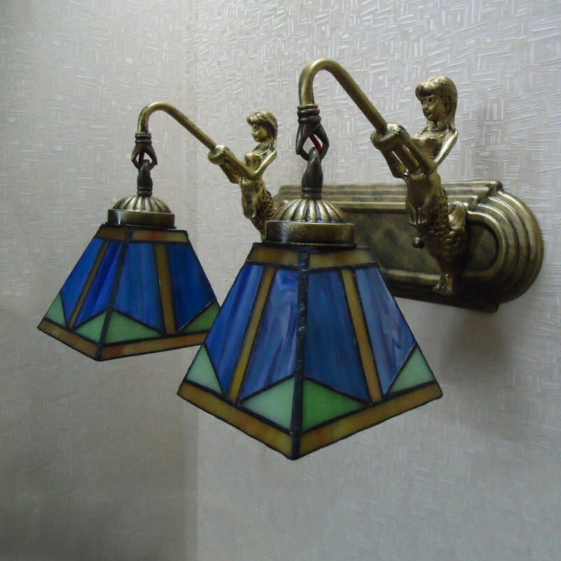 Sikunuo | Trapezium Wall Mount Lamp Fixture Tiffany Bronze Cut Glass Wall Lighting with Mermaid Arm