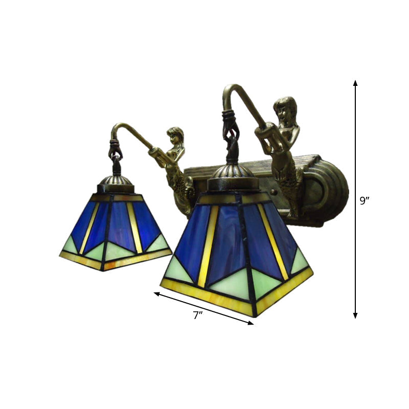Sikunuo | Trapezium Wall Mount Lamp Fixture Tiffany Bronze Cut Glass Wall Lighting with Mermaid Arm