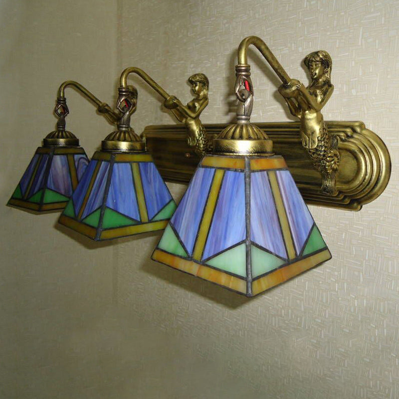 Sikunuo | Trapezium Wall Mount Lamp Fixture Tiffany Bronze Cut Glass Wall Lighting with Mermaid Arm