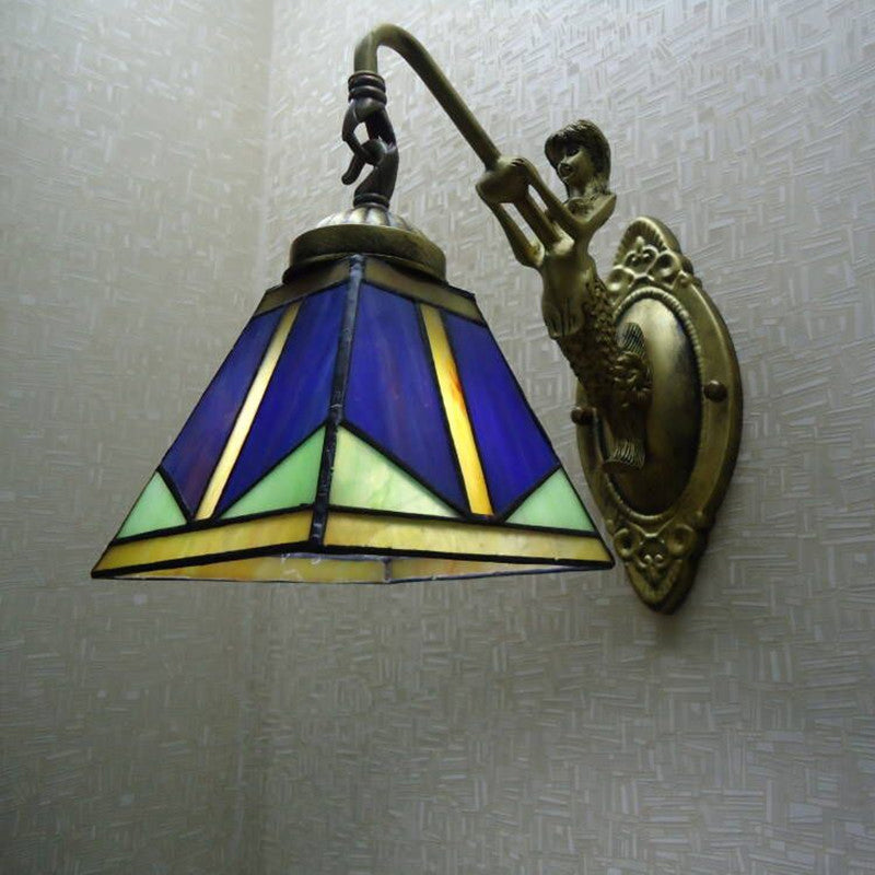 Sikunuo | Trapezium Wall Mount Lamp Fixture Tiffany Bronze Cut Glass Wall Lighting with Mermaid Arm