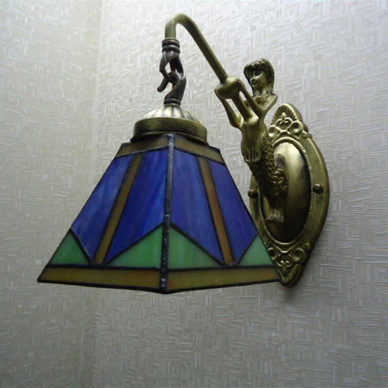 Sikunuo | Trapezium Wall Mount Lamp Fixture Tiffany Bronze Cut Glass Wall Lighting with Mermaid Arm