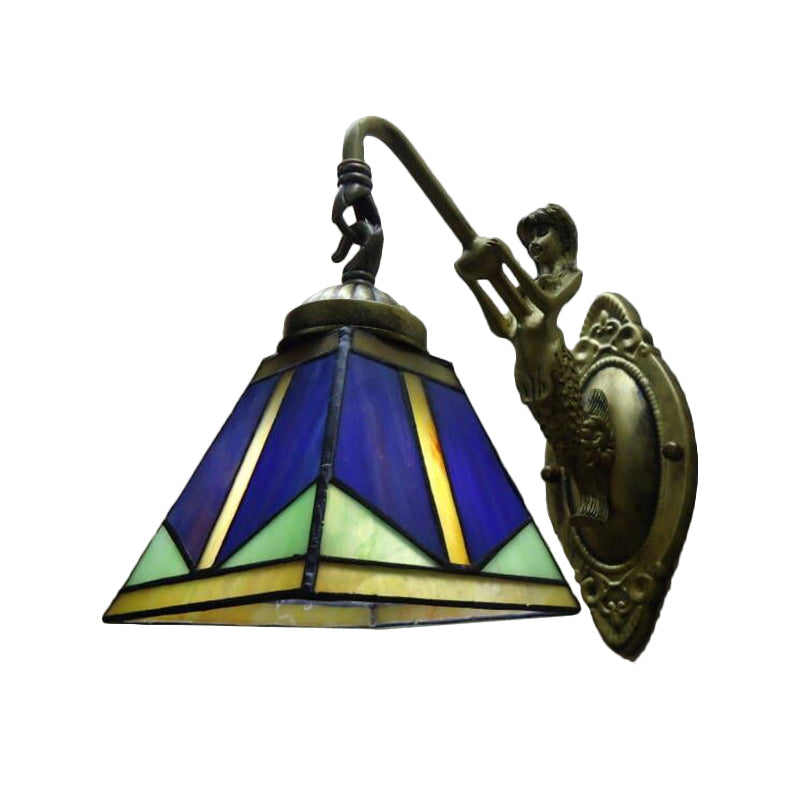 Sikunuo | Trapezium Wall Mount Lamp Fixture Tiffany Bronze Cut Glass Wall Lighting with Mermaid Arm