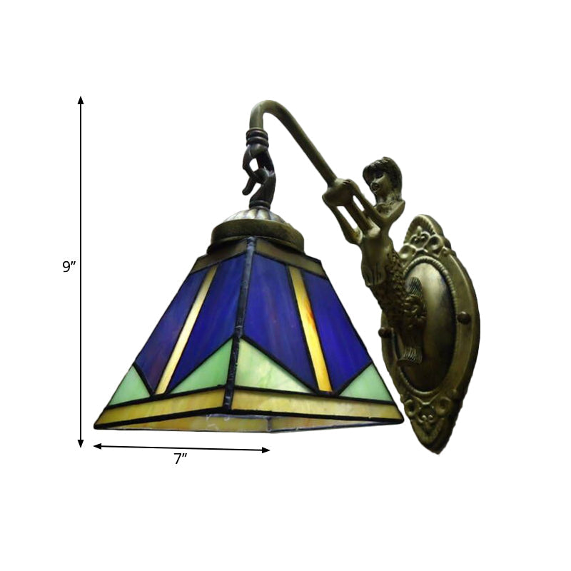 Sikunuo | Trapezium Wall Mount Lamp Fixture Tiffany Bronze Cut Glass Wall Lighting with Mermaid Arm