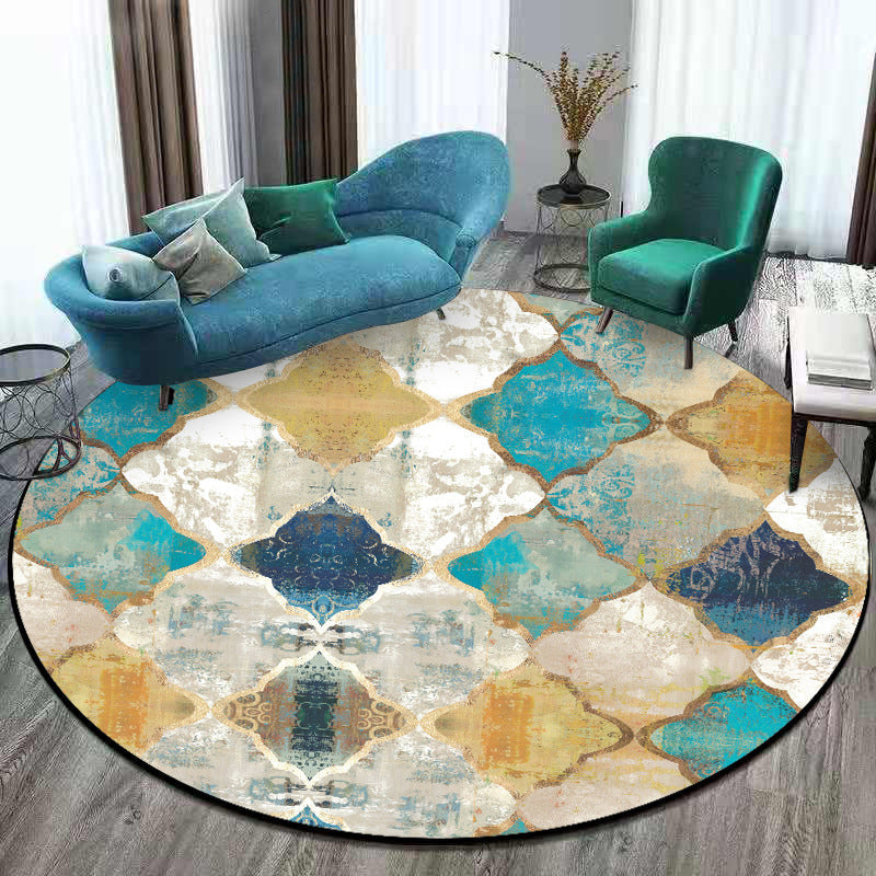 Sikunuo | Worn Blue-Yellow Moroccan Carpet Polypropylene Quadrifolium Pattern Carpet Non-Slip Backing Pet Friendly Stain Resistant Carpet for Room