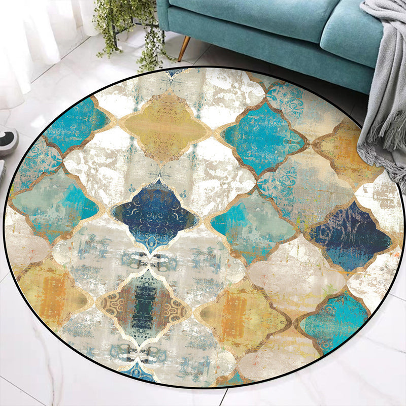 Sikunuo | Worn Blue-Yellow Moroccan Carpet Polypropylene Quadrifolium Pattern Carpet Non-Slip Backing Pet Friendly Stain Resistant Carpet for Room