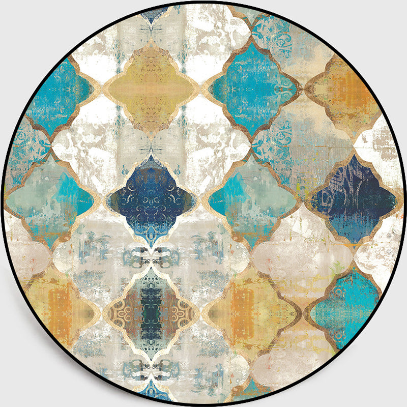Sikunuo | Worn Blue-Yellow Moroccan Carpet Polypropylene Quadrifolium Pattern Carpet Non-Slip Backing Pet Friendly Stain Resistant Carpet for Room