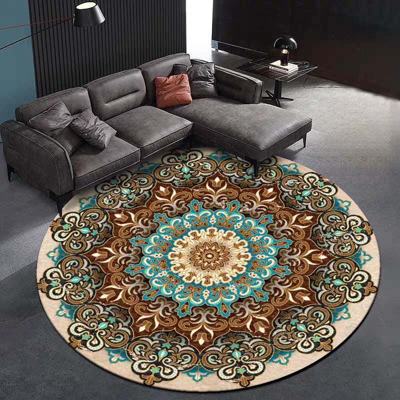 Sikunuo | Multicolored Living Room Carpet Turkish Floral Swirl Rug Synthetic Non-Slip Pet-Friendly Machine Washable Carpet