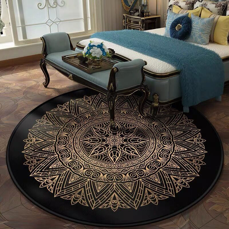 Sikunuo | Retro Dark Colored Moroccan Carpet Polypropylene Mandala Pattern Carpet Washable Non-Slip Pet-Friendly Carpet for the Living Room