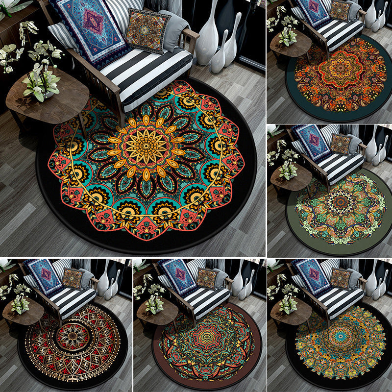 Sikunuo | Retro Mandala Indoor Carpet Dark Color Moroccan Rug Polypropylene Non-slip Pet-friendly Washable Carpet for Living Room