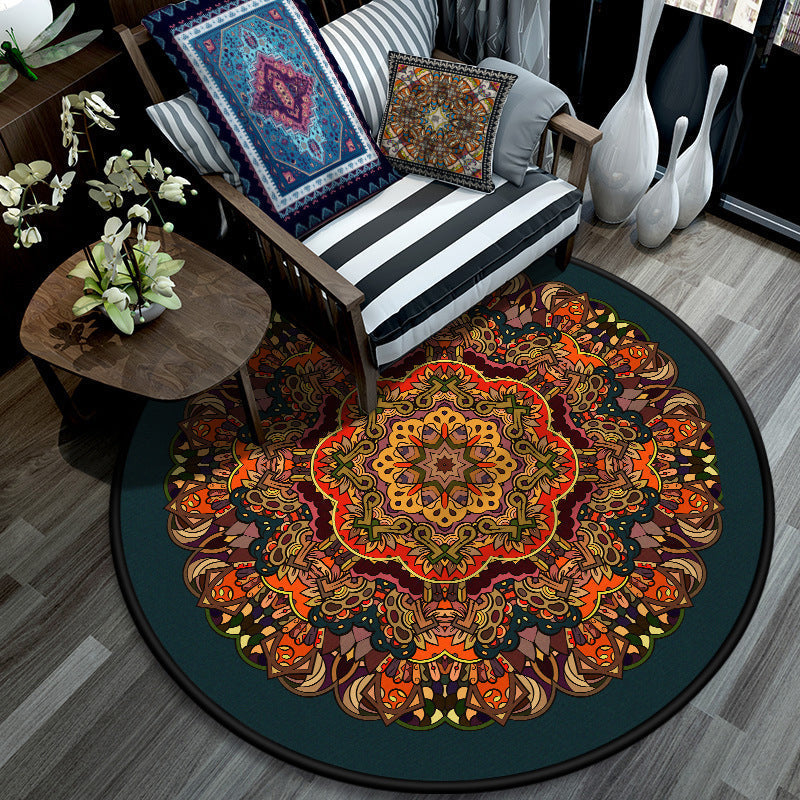 Sikunuo | Retro Mandala Indoor Carpet Dark Color Moroccan Rug Polypropylene Non-slip Pet-friendly Washable Carpet for Living Room