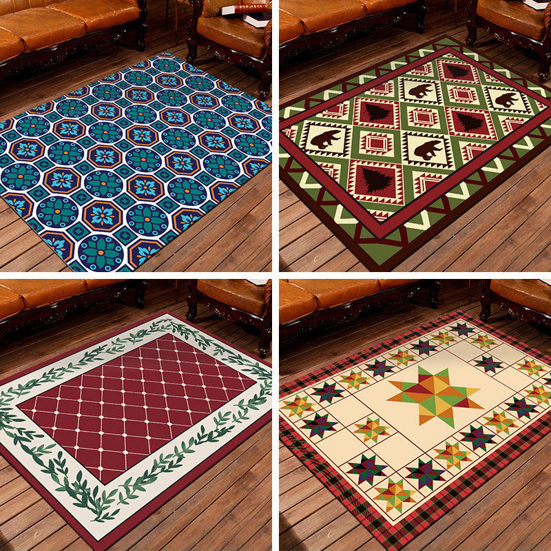 Sikunuo | Nostalgic Persian Carpet Multicolored Grid Mat Non-slip Washable Pet-friendly Carpet for Living Room