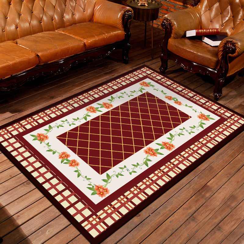 Sikunuo | Nostalgic Persian Carpet Multicolored Grid Mat Non-slip Washable Pet-friendly Carpet for Living Room
