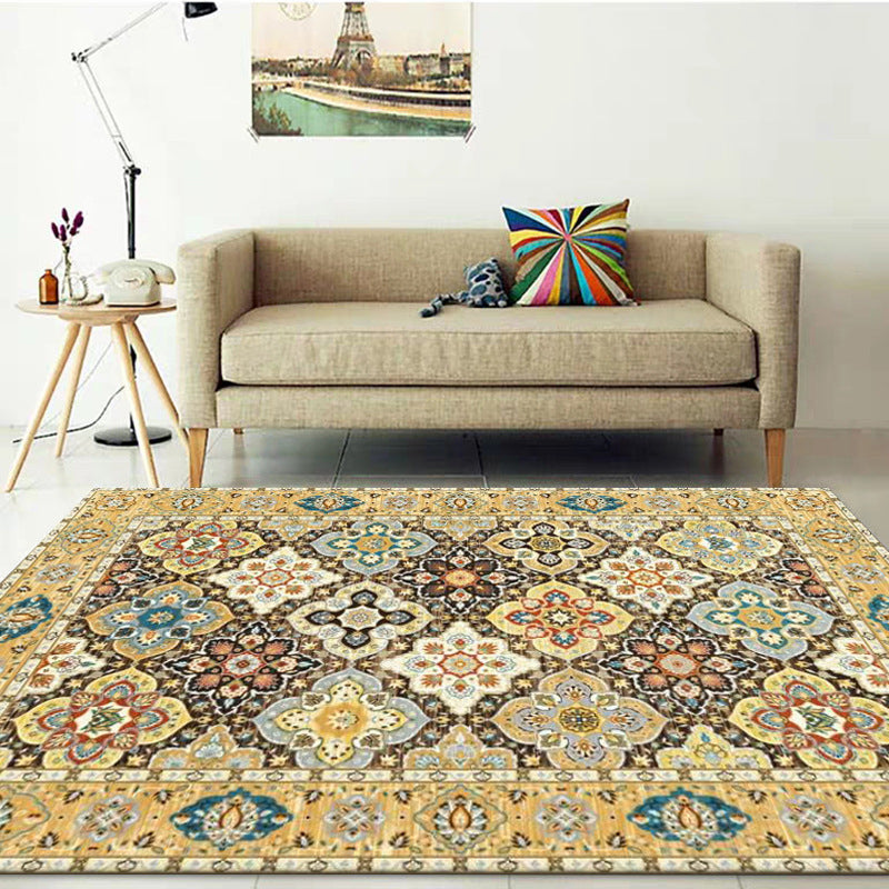 Sikunuo | Persian four-leaf pattern carpet gold polypropylene carpet flooring machine washable stain-resistant anti-slip backing carpet for living room