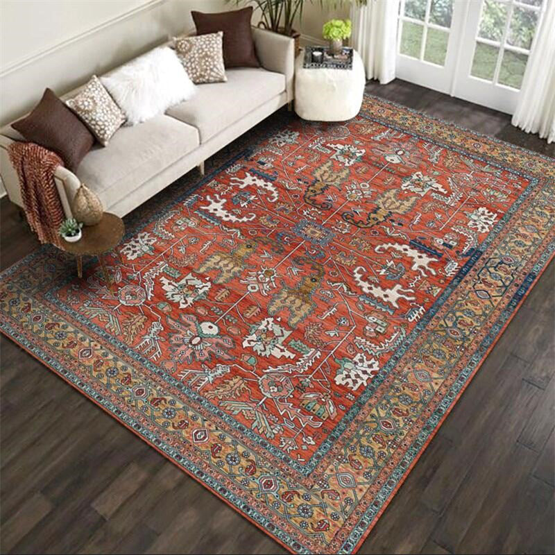 Sikunuo | Red Persian Style Carpet Synthetic Geometric Area Rug Washable Non-Slip Backing Stain Resistant Carpet for Room