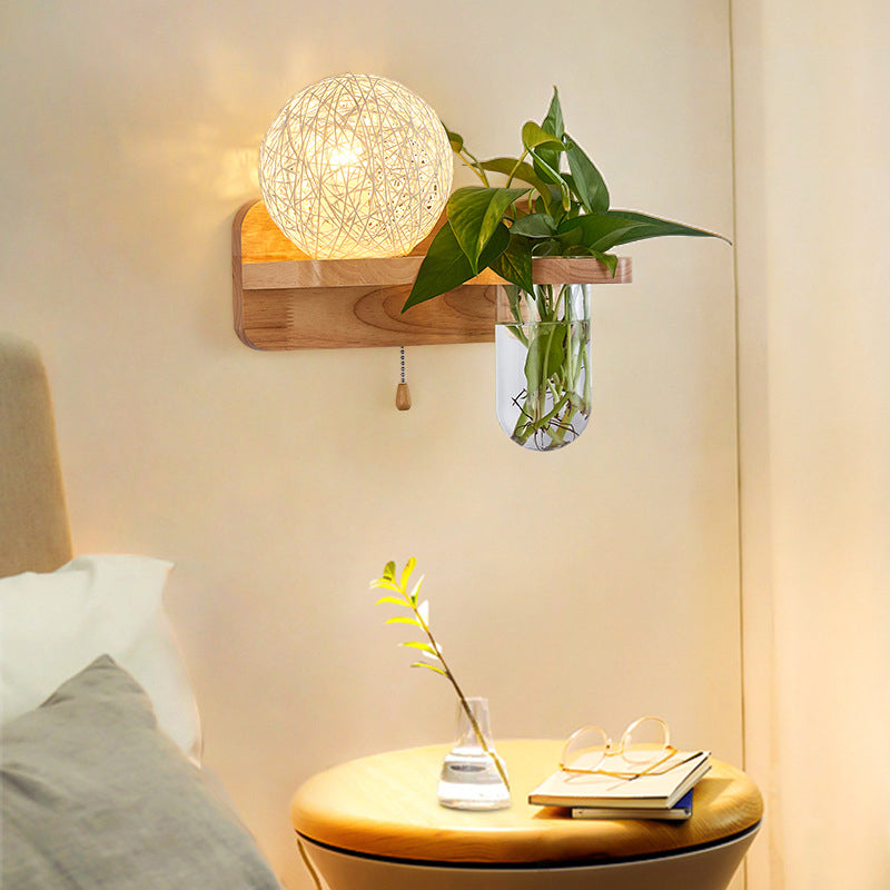 Sikunuo | Ball-shaped Nightstand Lamp Rattan 1-Light Modern Wall Lamp with Pull Switch in Wood