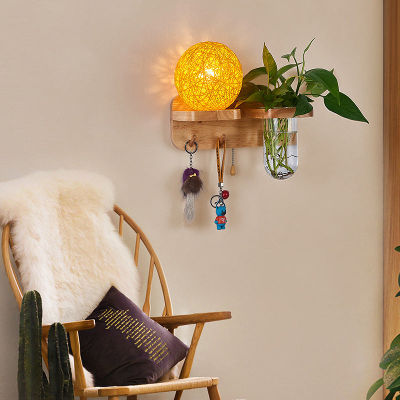 Sikunuo | Ball-shaped Nightstand Lamp Rattan 1-Light Modern Wall Lamp with Pull Switch in Wood