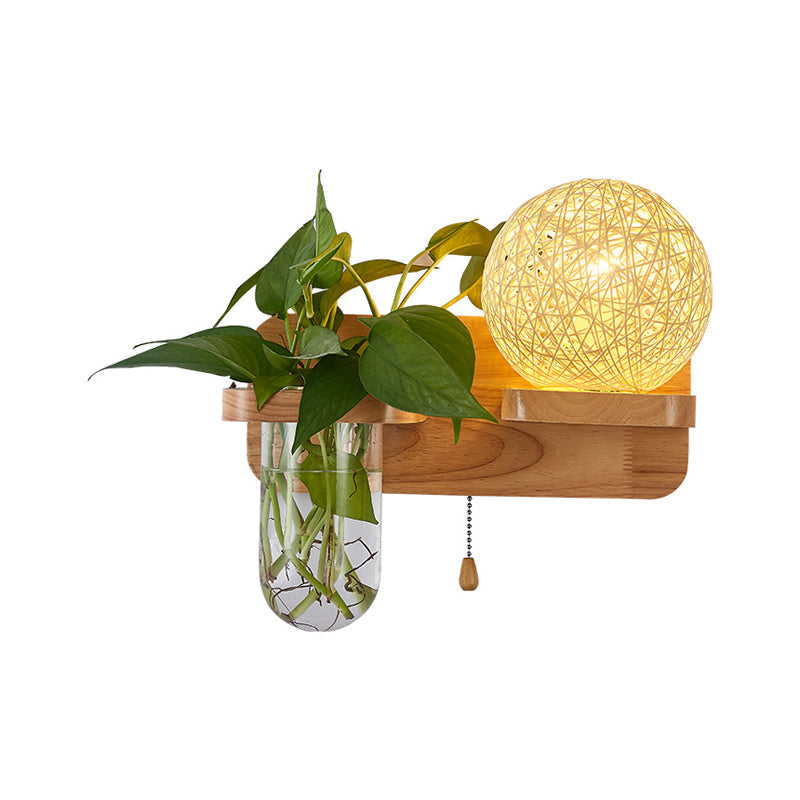 Sikunuo | Ball-shaped Nightstand Lamp Rattan 1-Light Modern Wall Lamp with Pull Switch in Wood