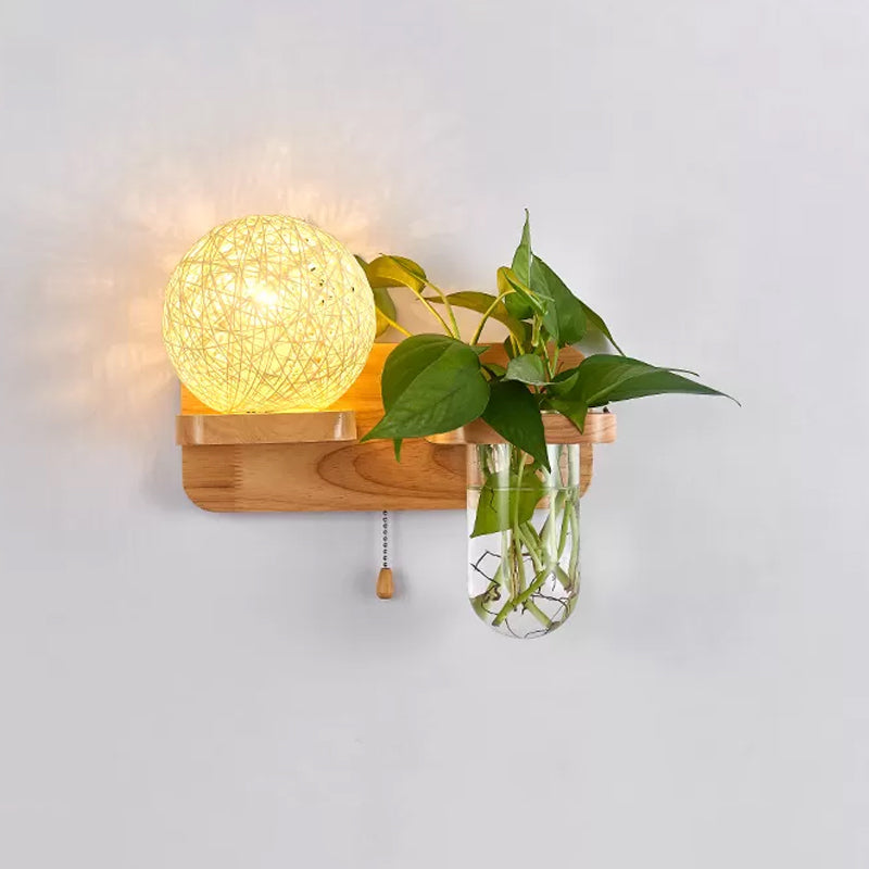 Sikunuo | Ball-shaped Nightstand Lamp Rattan 1-Light Modern Wall Lamp with Pull Switch in Wood