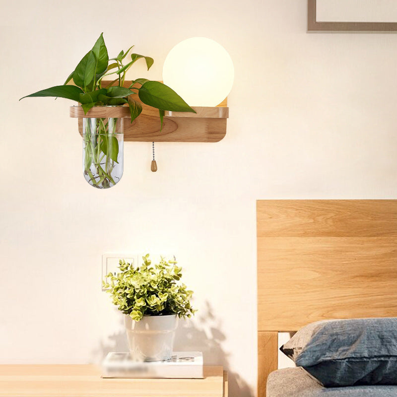 Sikunuo | Geometric Pull Chain Wall Light Simplicity White Glass Single Hall Wall Mounted Lamp in Wood