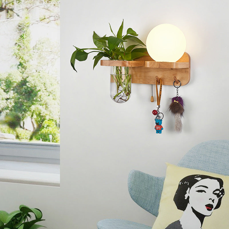 Sikunuo | Geometric Pull Chain Wall Light Simplicity White Glass Single Hall Wall Mounted Lamp in Wood