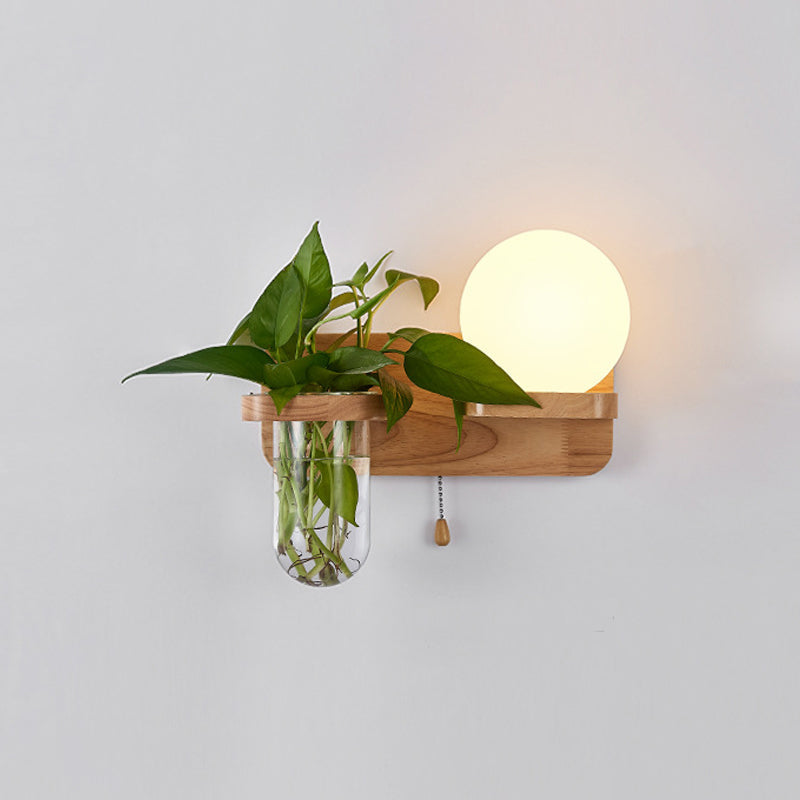 Sikunuo | Geometric Pull Chain Wall Light Simplicity White Glass Single Hall Wall Mounted Lamp in Wood