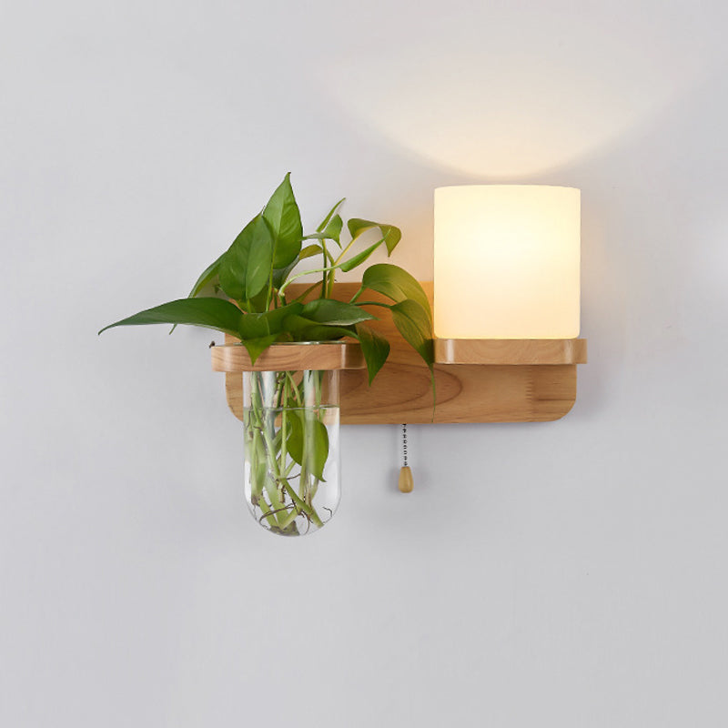 Sikunuo | Geometric Pull Chain Wall Light Simplicity White Glass Single Hall Wall Mounted Lamp in Wood