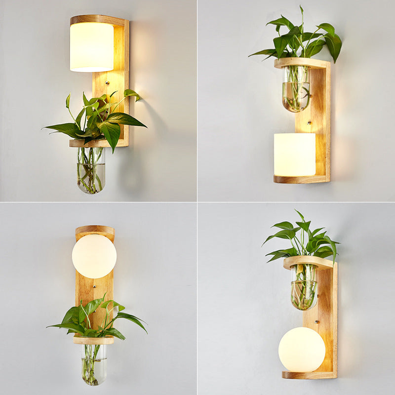 Sikunuo | White Glass Geometric Wall Lighting Modern 1 Head Wood Wall Lamp for Nightstand