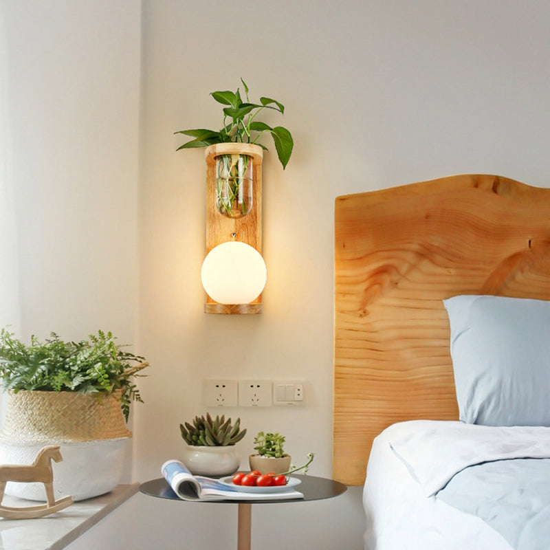 Sikunuo | White Glass Geometric Wall Lighting Modern 1 Head Wood Wall Lamp for Nightstand