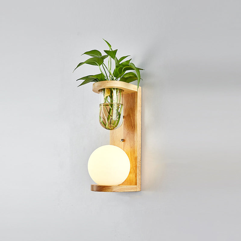 Sikunuo | White Glass Geometric Wall Lighting Modern 1 Head Wood Wall Lamp for Nightstand
