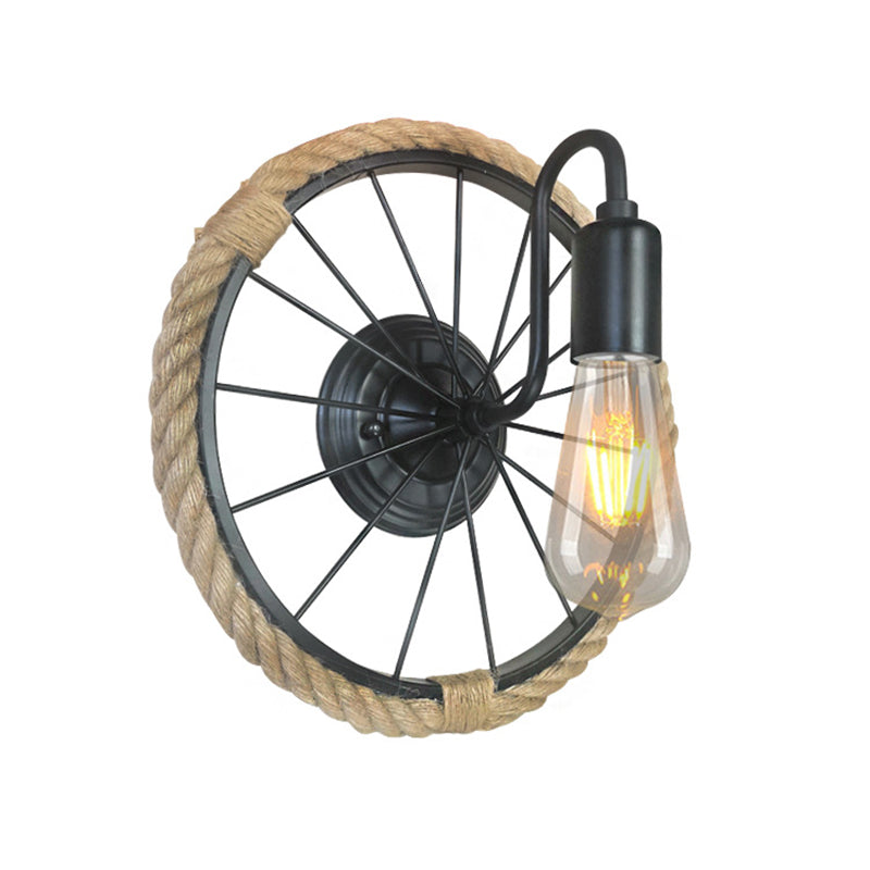 Sikunuo | 1 Light Open Bulb Wall Lamp Industrial Black Rope Wall Mounted Lamp with Wheel Shape