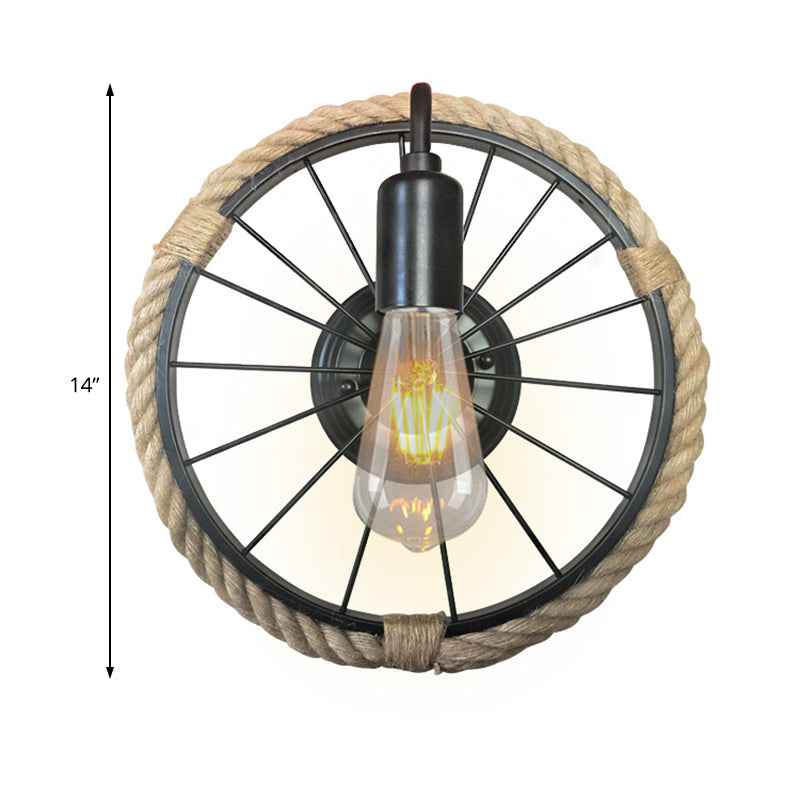 Sikunuo | 1 Light Open Bulb Wall Lamp Industrial Black Rope Wall Mounted Lamp with Wheel Shape