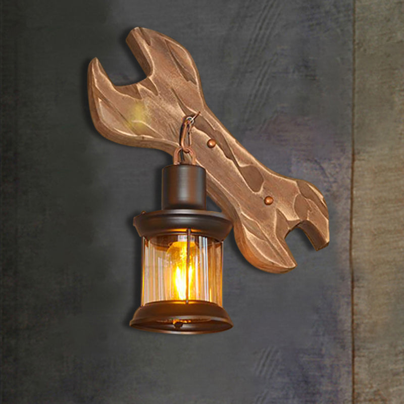 Sikunuo | Lantern Indoor Wall Lighting Rustic Style Clear Glass 1 Light Black Wall Lamp with Wooden Backplate