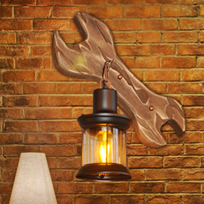 Sikunuo | Lantern Indoor Wall Lighting Rustic Style Clear Glass 1 Light Black Wall Lamp with Wooden Backplate