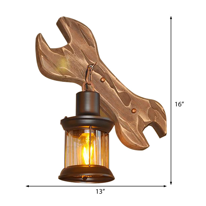 Sikunuo | Lantern Indoor Wall Lighting Rustic Style Clear Glass 1 Light Black Wall Lamp with Wooden Backplate